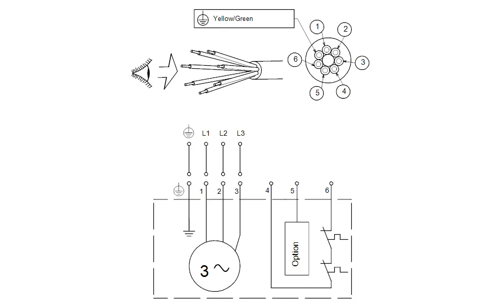 Schaltplan einer Tauchmotorpumpe von Grundfos mit Anschlussdetails für L1, L2, L3 und einer Optionseinheit. Kabel mit klarer Farbcodierung für elektrische Verbindung.